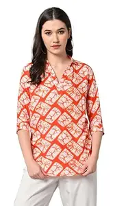 Amazon Brand - Anarva Anarva Printed Regular Fit 3/4 Sleeve Top and Shirts for Women's (Orange Big Square L)