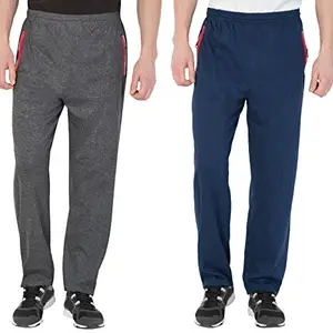 Fflirtygo Men's Regular Fit Blue and Black Color Cotton Track Pants, Joggers with Zip Pocket