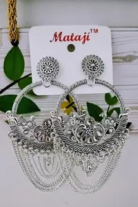 Generic Oxidised Silver Chandelier Earrings with Bird Design, Traditional Chain Drops, Navratri Garba Jewellery