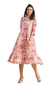 Janasya Women's Pink Cotton Abstract Gathered Dress(JAA24DR00182-M)