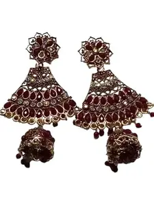 Traditional Chandelier Earrings with Ruby Red Stones, Floral Design, Gold-Toned, Iridescent Crystal Accents (RUBY STONE)