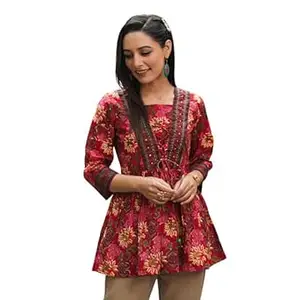 Women's Ethnic Printed Rayon Short Kurta | Stylish Round Neck V-Slit Straight Kurti | Comfortable, Office & Casual Kurta for Jeans, Leggings & Trousers