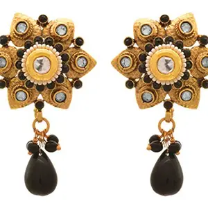 JFL - Traditional Ethnic One Gram Gold Plated Black Stone Floral Diamond Designer Earring for Women & Girls,Valentine