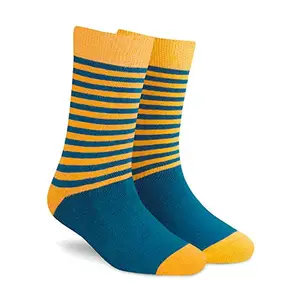 DYNAMOCKS Men's and Women's Combed Cotton Stripes Crew Length Socks (Multicolour, Free Size) (Stripes DUO 1.0 (Teal Blue + Mango))