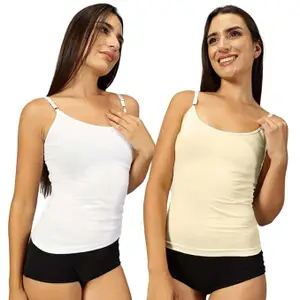 XPORTS Women's Adjustable Cotton Camisole, Set of 3 (Black, White, Beige)