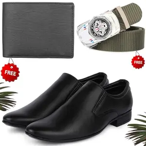 Vitoria Men's PU Formal/Party Shoes | Shoes Combo with Free Wallet & Belt | Stylish & Comfortable | Ideal for Office, Casual Outings, Parties (4487_VTOR-BLK-401) (Multicolor)(Size: 7UK)
