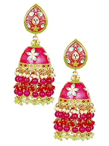 OOMPH Jewellery Pink Meenakari Enamel Floral Kundan Large Jhumka Earrings for Women & Girls