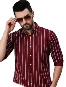 Mahima Ethnic Centre's Men’s Striped Casual Shirt Regular Fit Long Sleeve Maroon Cotton Blend