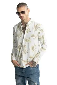 SNITCH biscus Yellow Button Down Collar Printed Slim Fit Shirt