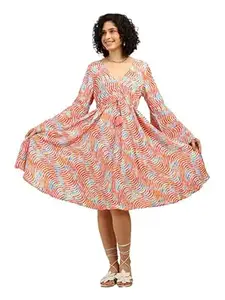 KE KanhaExports KE KANHA EXPORTS Beach Wear Dress for Women|Short Dress for Woman|Boho Dresses for Women|Adjustable Tassel V Neck Border Print|Multicolor|Easily fits S to L|Bust Fit 32 to 38 Inch