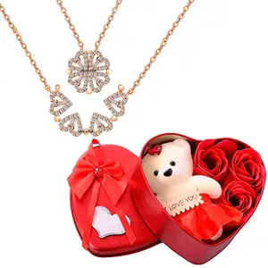 Fashion Frill Valentine Gift For Girlfriend Crystal Heart Pendant Rose Gold Plated Magnetic Pendant Chain Necklace For Women Girls Heartbox with Teddy Valentine's Day Gifts