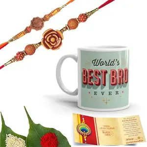 Chinove Flower And Rose Elegant Design Handmade Rakhi’s for Brother and Bhabhi Set of 2 with Wishing Card, Roli Chawal and Printed Ceramic Mug (SM16)