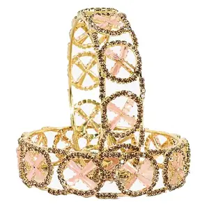 LAVAZZA Premium American Diamond & CZ Alloy Metal Bracelet For Women & Girls | Gold Plated & Pink Kada Bangles-(RKM11-Pink-2.6)