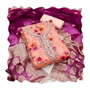 Maroosh Women'S Peach Unstitched Weaving Digital Print Handwork Modal Banarasi Jacquard Dress Material (MRSMSMFC11591B)