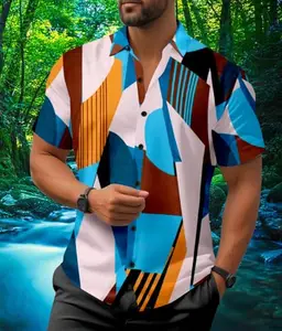 Geometric Print Short Sleeve Button UP Shirt, Blue White Orange Pattern, Casual Summer Wear (in, Alpha, L, Regular, Multicolor)