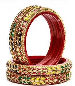 Swara Creations Glass Bangles/Kadas Set | Diamond Cutting Stone design | Golden Design for Women & Girls (Size - 2.4, 2.6, 2.8)