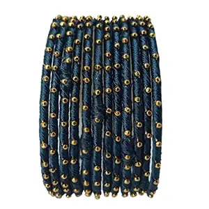 The Golden Cascade B Blue Color Silk Thread Metal Bangle with Studded Ball Chain Pearl Chudi for Women & Girls (B Blue, Small 2-4)