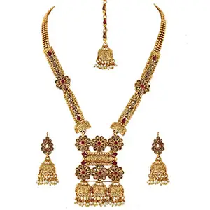Lucky Jewellery Designer Gold Plated Red Color Copper Stone Long Necklace Set for Girls & Women (479-G2SR-1081-RED)