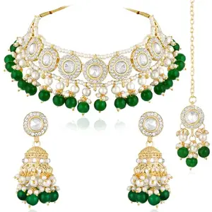 Peora Gold Plated Green Kundan & Beads Studded Necklace Jhumki Earrings Maangtikka Set Ethnic Jewellery Gift for Women & Girls|Mothers Day Gifts for Mom
