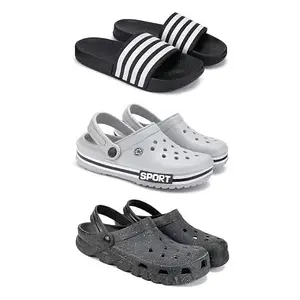 DRACKFOOT Lightweight Classic Slider || Sandals with Clogs for Men-Combo(3)-3024-3016-3056-9 Grey