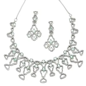 ZENEME Rhodium-Plated American Diamond Studded Quirky Design Necklace With Earrings Jewellery Set For Girls and Women (Sea Green)
