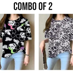Women’s Casual Printed Round Neck Short Sleeve T-Shirt BLK-Micky-Love-L