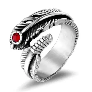 Stylewell Unisex Silver Stainless Steel Adjustable Openable Red Diamond Nug Stone Studded Funky Plume,Feather/Pankh Tail Thumb Finger Ring (Free Size)