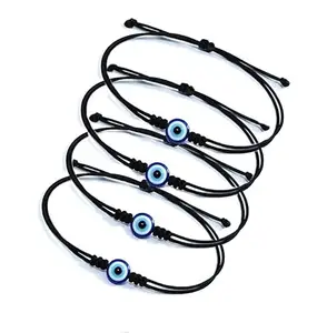 Aanya Gems Evil Eye with Black Cord Handmade Bracelet for Unisex Adult Evil Eye Nazar Thread Adjustable Friendship Band For Women Men (Black) Set of 4 with Lab Certificate