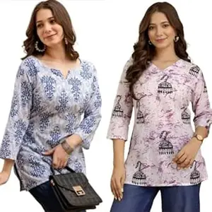 MS VHCK ENTERPRISE Women's Cotton Printed Short Kurti, Round Neck, Three Quarter Sleeve, Straight Fit, Pack of 2