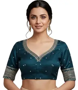 Women's Silk Embroidered Half Sleeve Blouse Piece Work Readymade Blouse for Women | Any Occasion || Saree Blouse (Maroon, 38)