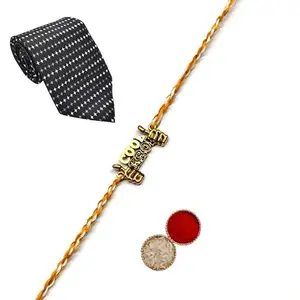 Jaipri Antique Gold Plated Om Bro Rakhi With Necktie Rakhi Gift Combo Pack for Brother/Bro/Bhaiya/Bhai/Set of 1 Pc Rakhi with Roli Chawal, Tie and a Greeting Card (R-KTC-1598)
