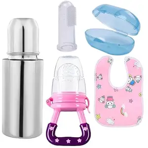 RB POINT Combo of Finger Brush+Bottle+Baby Bib+Feeder BPA Free Feeding Bottle for Milk & Water