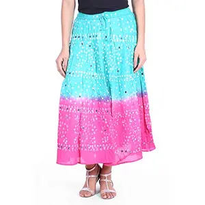 JABAMA® Women's Pure Cotton Hand Tie & Dye Design Stylish Bandhej Jaipuri Print Ankle Length Full Long Maxi Skirt (Pink)