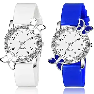 Acnos® Premium White Blue Strap White Dial Diamond Analog Watches for Girls Best Design Butterfly Combo 2 Pack of 2