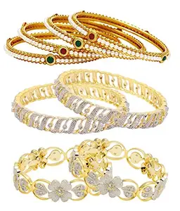 Jewels Galaxy Combo of Sparkling Floral American Diamond Bangles and Designer Pearls Bangles - Pack of 8 (JG-CB-KBN-960)