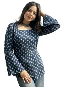 ANNI Designer Women’s Viscose Printed Short Kurti | Straight Fit Ethnic Top with Square Neck | Bell Sleeve Casual Indian Kurta for Office College, Party