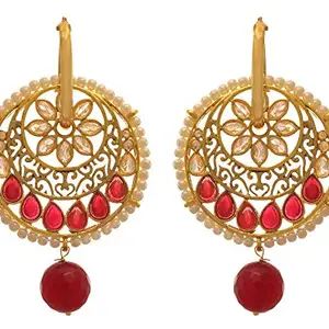 JFL - Traditional and Ethnic One Gram Gold Plated Kundan Stone & Pearls Designer Earring for Girls and Women. (Red)