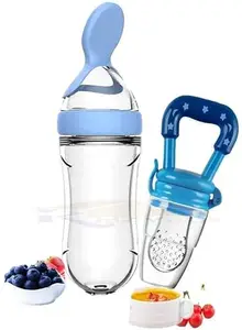 KINDAR CARE Silicone Baby Feeding Bottle Spoon Feeder 90ML and Fruit Feeder/Nibbler/Pacifier (Combo Set of 2)