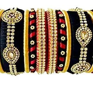 THREAD TRENDS Black And Red Color Silk Thread Bangles (size-2/8)