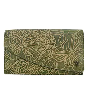 Anuschka Women's Hand-Painted Genuine Vegetable Tanned Leather Accordian Flap Wallet - Tooled Butterfly Jade
