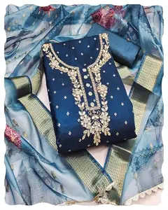 Peachmode Blue Floral Moti With Gota Patti Handwork Banarasi Silk Dress Material | Santoon Bottom & Inner, Organza Banarasi Dupatta | Elegant Ethnic Wear for Special Occasions