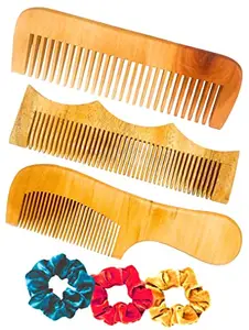 BigBro Natural Wooden Comb 3 pc Wide teeth Fine Teeth for Women and Men | Organic Antibacterial Hair Dandruff Remover Styling Comb| Handcrafted (Set of 3 Combs + 3 Velvet Hair Scrunchies)