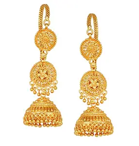 JFL - Jewellery for Less 1 Gram Gold Plated Traditional Golden Jhumka Earring with Attached Ear Chain Stylish Big Jhumka for Women & Girls.