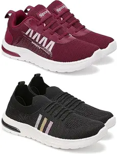 WORLD WEAR FOOTWEAR Soft Comfortable and Breathable Canvas Lace-Ups Sports Running Shoes for Women (Black and Maroon, 5) (S18010)
