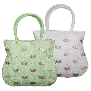 Kuber Industries Hand Bag | Traditional Tote Hand Bag for Women | Silk Wallet Hand Bag | Ladies Purse Handbag | Curved Shape Embroidery Hand Bag | Pack of 2 | Multi