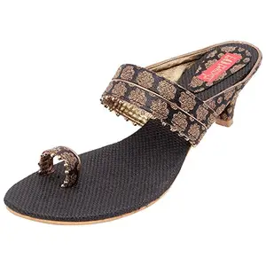 Footrendz Women's Designer Cosy Fabric Faux Leather Heels Black