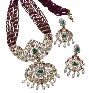 KGR Splash Lakshmi Design Bridal Gold & Red Color Matt Finish White Hanging Beads Haram & jhumka Earrings
