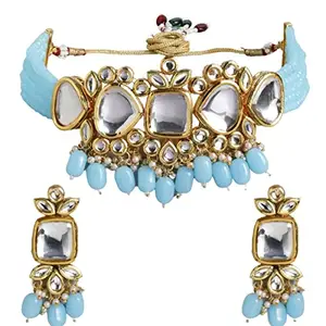 ACCESSHER Gold Plated Traditional Vilandi Kundan and Turquoise Beaded Drops Embellished Statement Choker Necklace Set with Pair of Earrings for Women