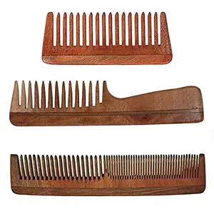 AATIRA Combo Of 3 Organic Neem Wood Comb Natural And Eco Friendly Wide Tooth Comb Anti-Bacterial Styling Comb For All Hair Types