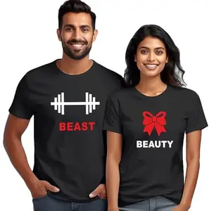 Wear Your Opinion WYO Couple T Shirt for Couple| Anniversary | Mens & Women Cotton Printed Tshirt| Husband Wife Printed Tshirt | Valentine Printed Tshirt (Design: Beauty & Beast,M/M-W/XXL,Black)
